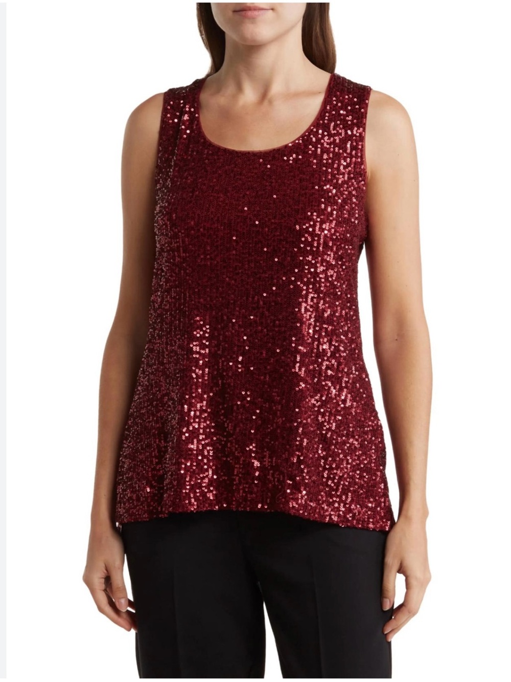 DKNY Sequin Scoop Neck Tank Top - Burgundy